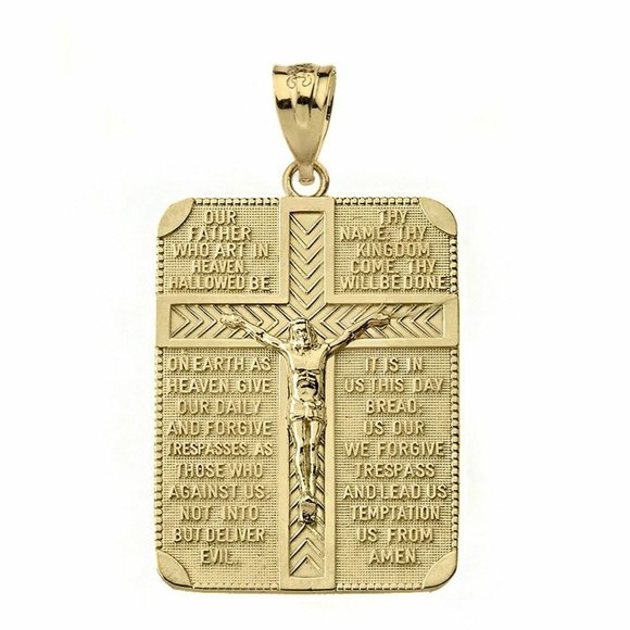Real Gold Our Father Prayer Crucifix Cross Pendant